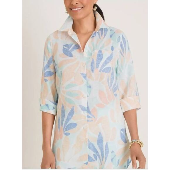 Chico's Tops - Chico's No Iron Linen Tropical Leaf Print Tunic Blouse 3/4 Sleeves 16/18 (3)